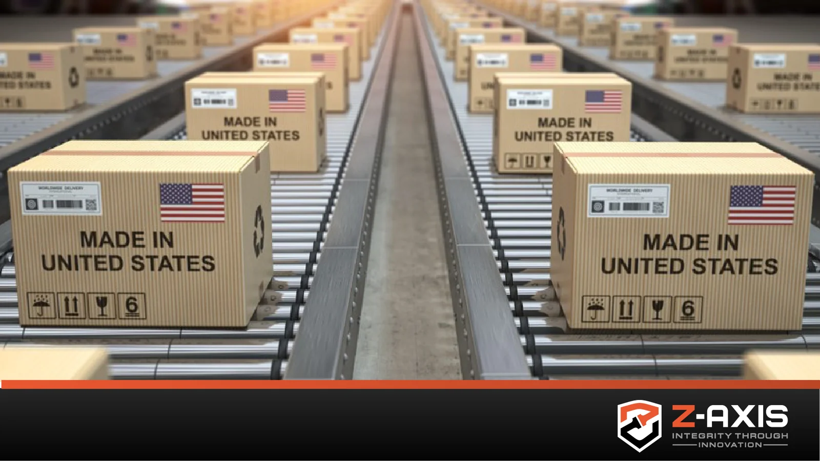 boxes ready for shipping on conveyor belts displaying the words "Made in the United States" with the American flag