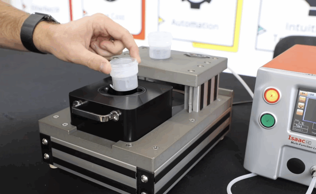 Isaac HD Multi-Function Leak Tester by Zaxis being used to demonstrate a variety of leak tests: Pressure Decay, Vacuum Decay, Mass Flow, Pressure Cracking, Burst Pressure, Chamber Tests