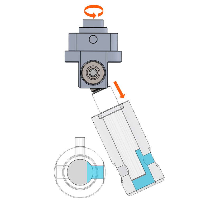The diagram shows a rotating element connected to a piston. As the element turns, it forces the piston to reciprocate. Arrows indicate fluid being drawn in and pushed out. This highlights a hybrid pump design combining rotation and reciprocation.