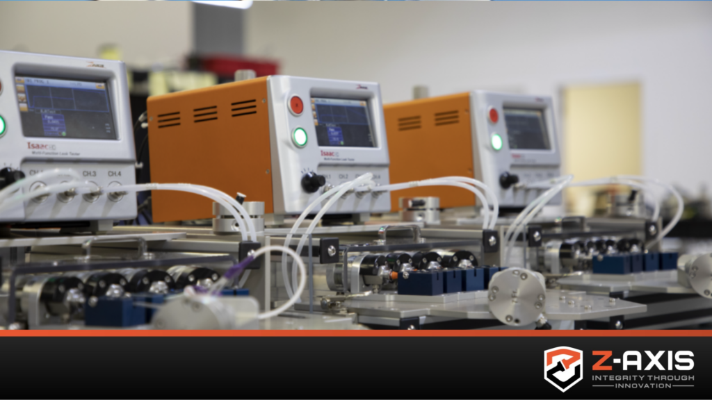 Three Zaxis Isaac HD Modular Production Air Leak Testers, running a variety of leak tests - Pressure Decay, Vacuum Decay, Mass Flow, Pressure Cracking, Burst Pressure, Chamber Tests, etc
