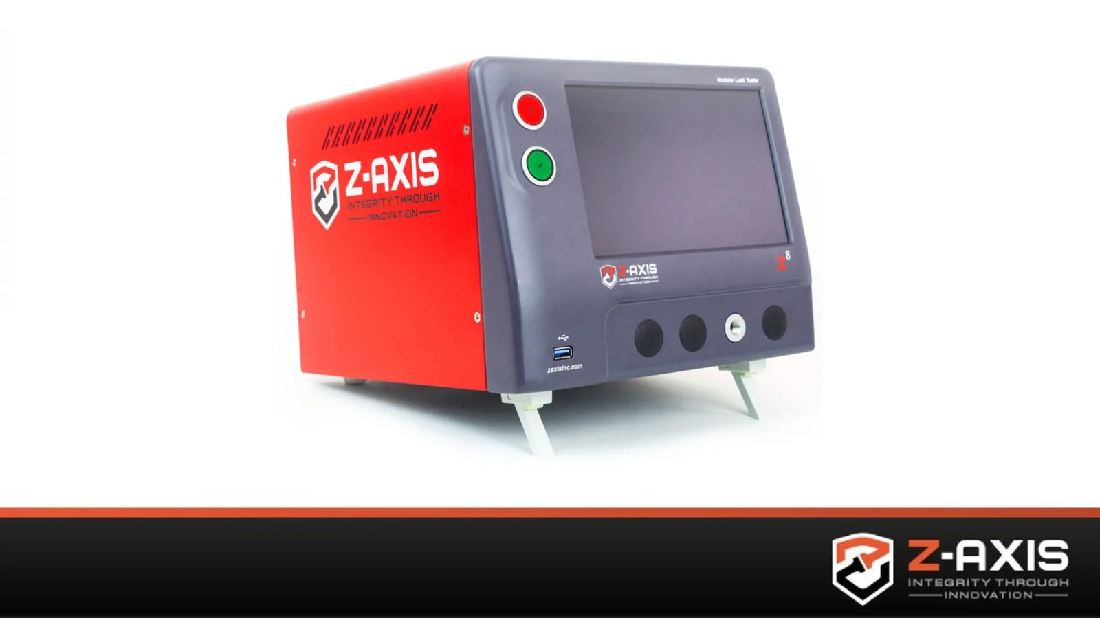 A Zaxis modular leak tester model Z8 is pictured on a clean white background with the Z-AXIS logo and tagline “Integrity Through Innovation” displayed prominently on its red side panel. The front face is gray with a large touchscreen interface, green and red control buttons, a USB port, and multiple round ports for test connections. The unit is angled slightly to show depth and design, elevated on small legs for stability. The bottom banner includes the Z-AXIS brand mark, reinforcing its role as a precision instrument for air leak testing and standardized mass flow rate measurement in industrial quality control applications.