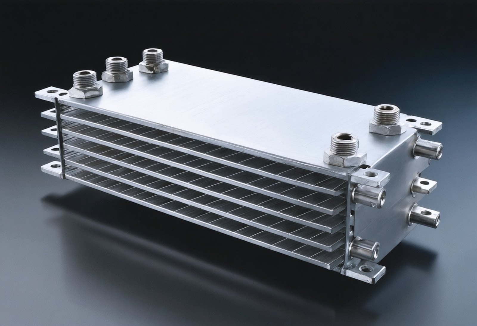Brazed plate heat exchanger with stainless steel corrugated plates and threaded ports, used in liquid-cooling CDU systems
