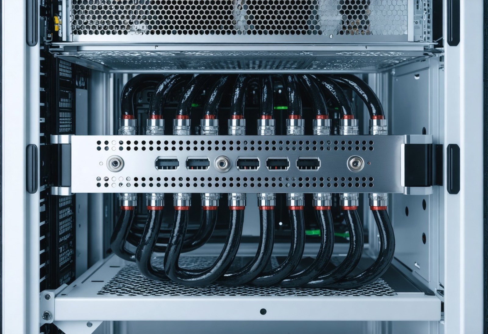 Rear of a liquid-cooled server chassis showing blind-mate manifold with stainless quick-disconnect ports and braided coolant hoses