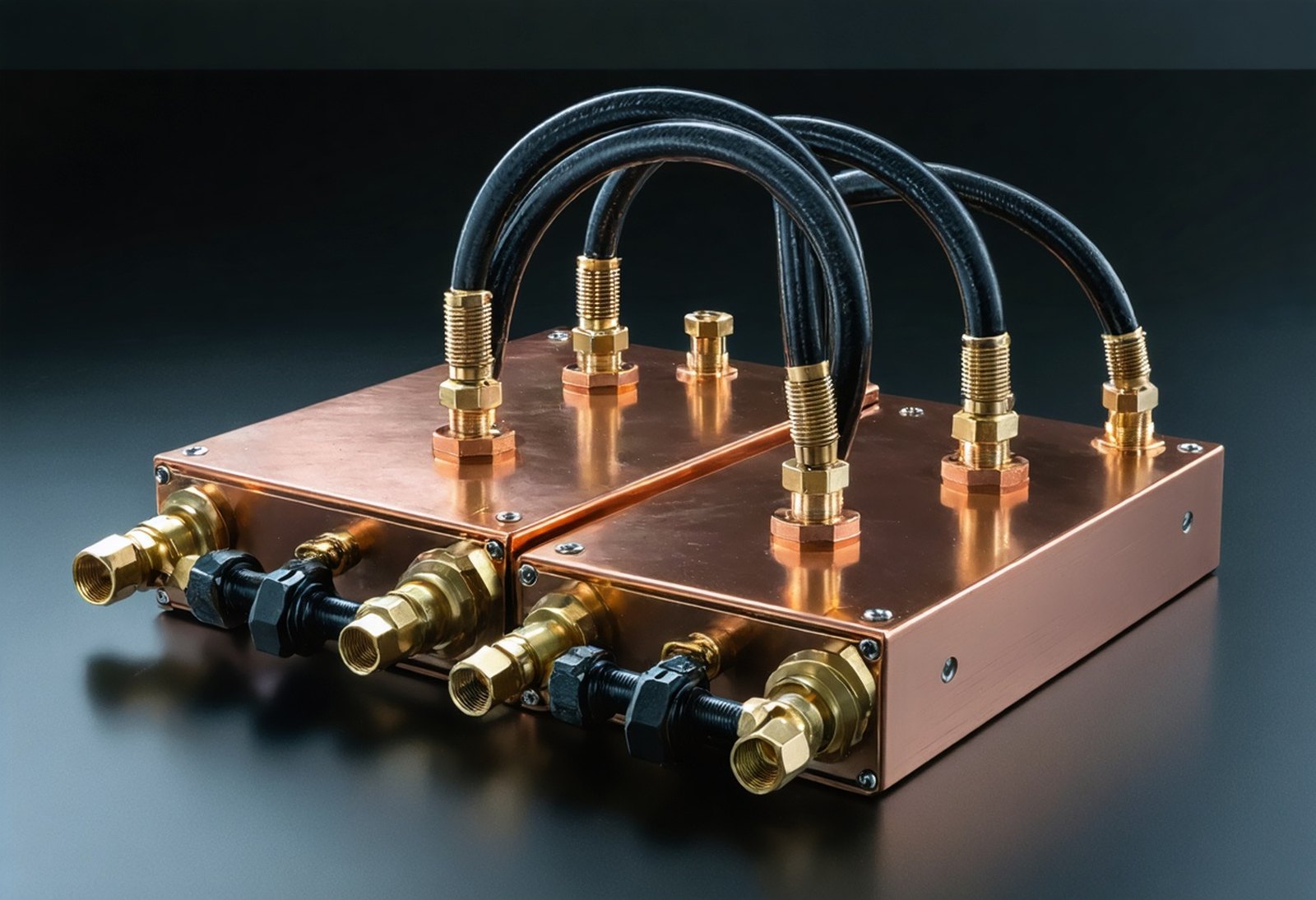 Two copper cold plates joined by coolant hoses and quick-disconnects