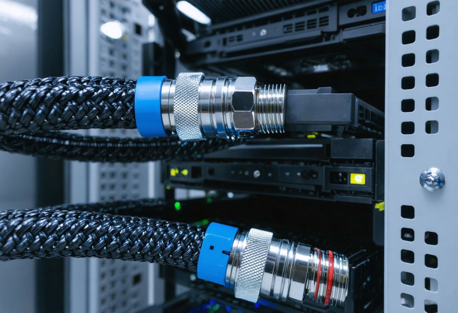 Braided coolant hoses with stainless dry-break quick-disconnect couplings at rack manifold ports