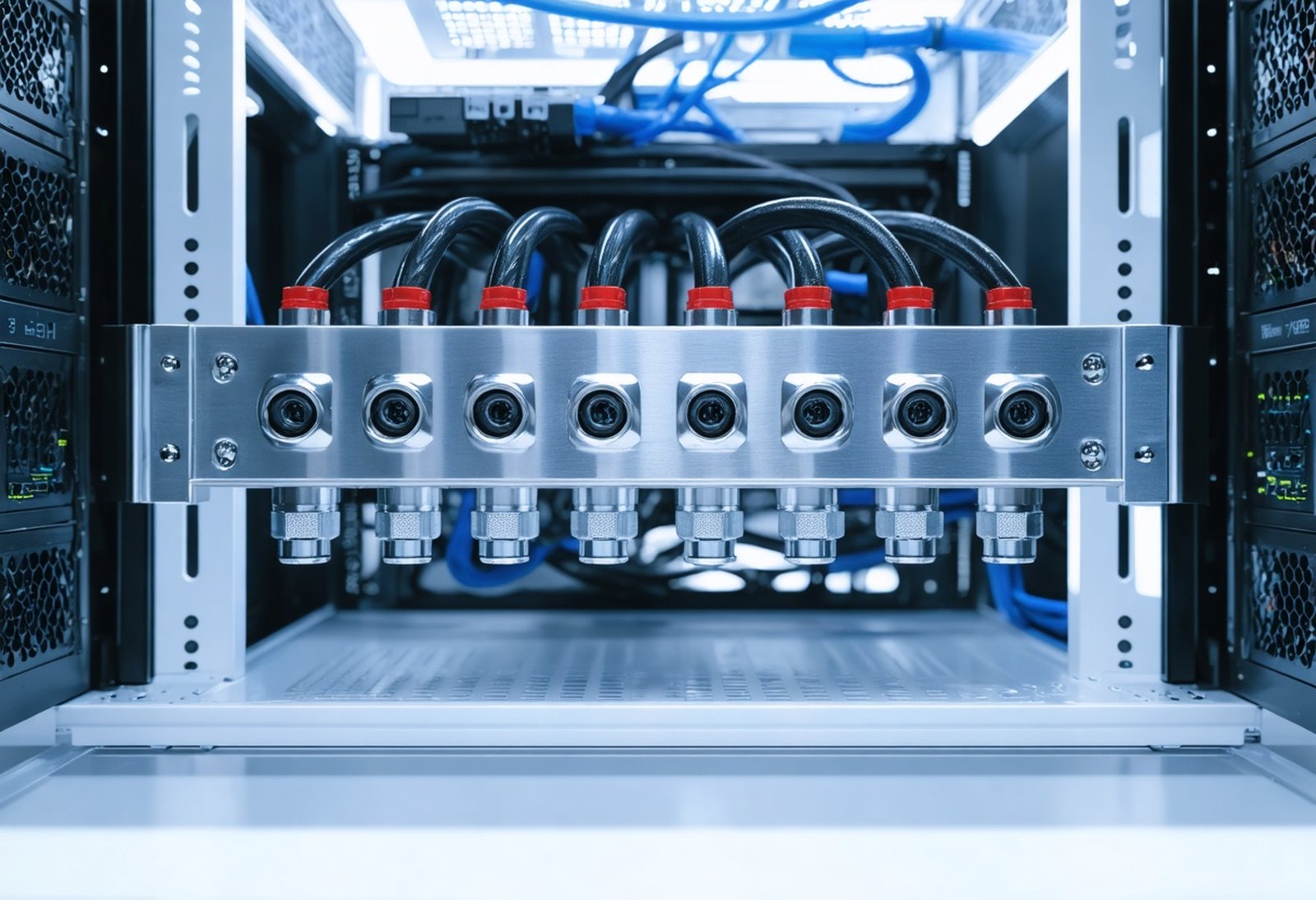 Eight-port stainless steel rack manifold with red-banded quick-disconnect ports and braided coolant hoses connected