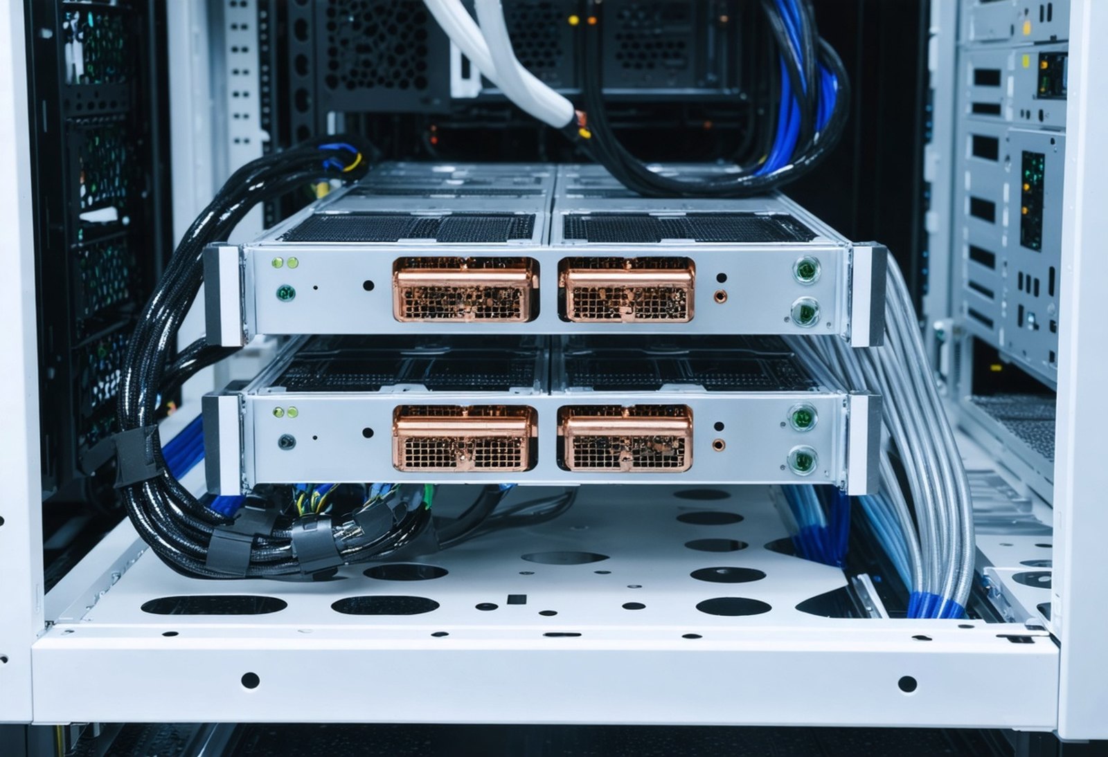 Rear of a liquid-cooled server tray showing copper cold plates and quick-disconnect couplings for coolant loop connection