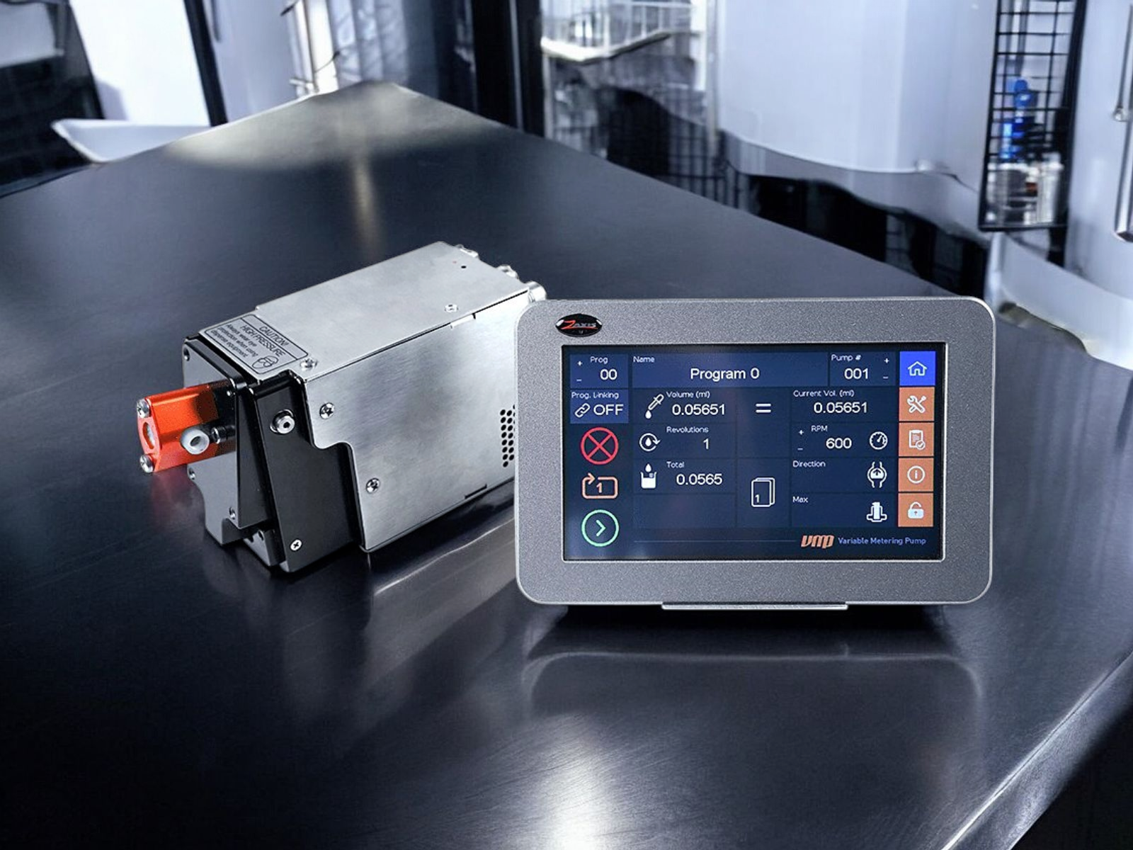 M-Series microliter metering pump with the TSi touchscreen controller on a stainless diagnostics lab bench