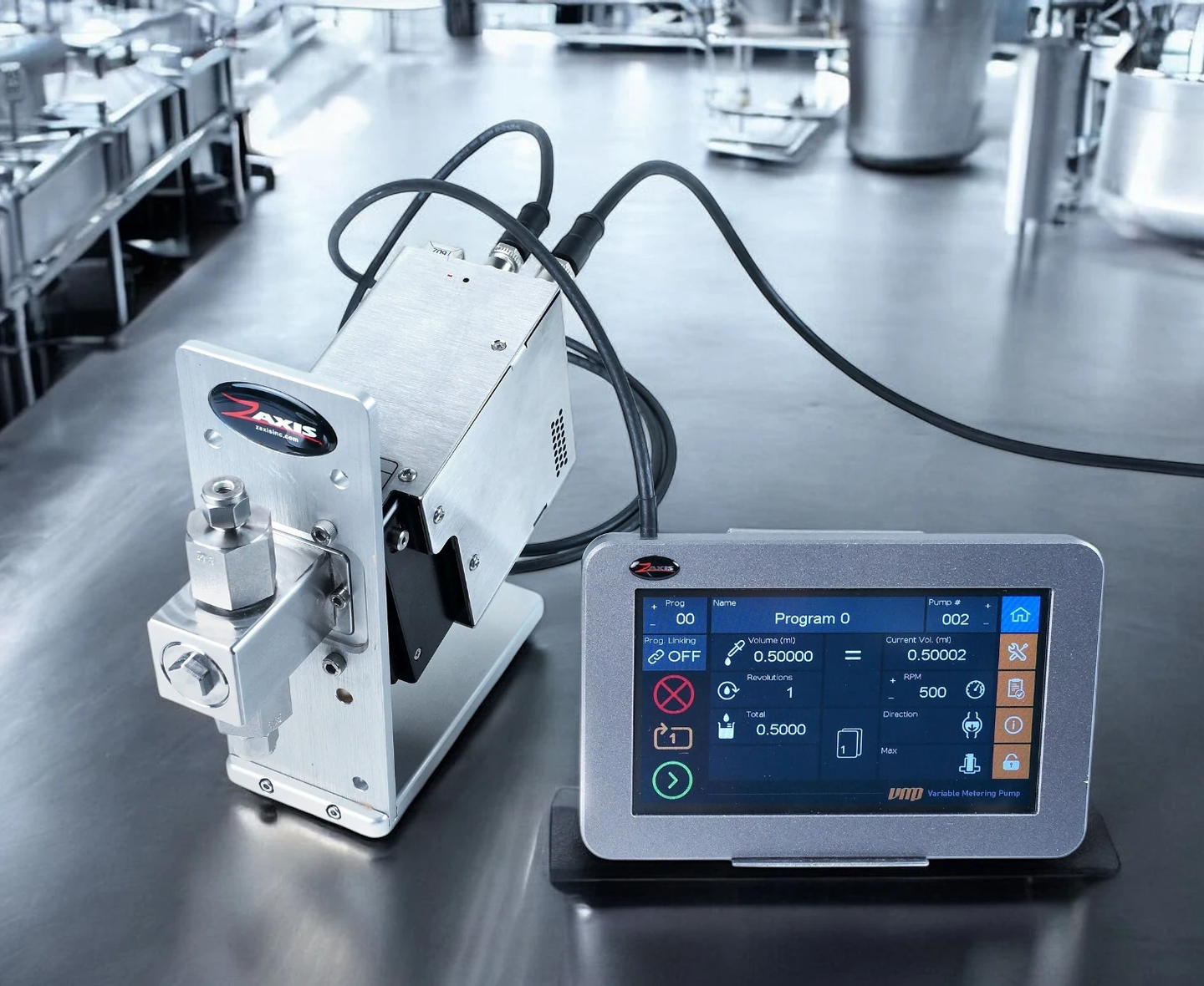 V-Series milliliter metering pump system with pump head, drive, stand and TSi touchscreen controller in a pharmaceutical cleanroom