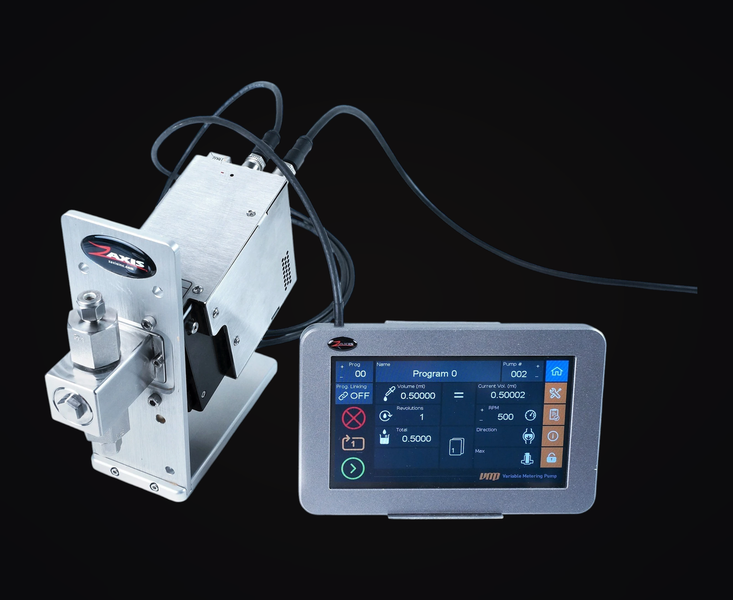 V-Series milliliter metering pump system with TSi touchscreen controller on a black studio stage