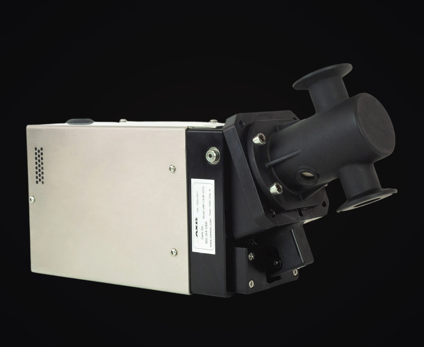 eVmP VS10-Series milliliter metering pump on a dark laboratory bench