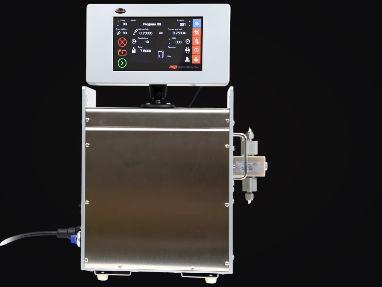 eVmP1 benchtop enclosure front view with the TSi touchscreen controller running a dispense program