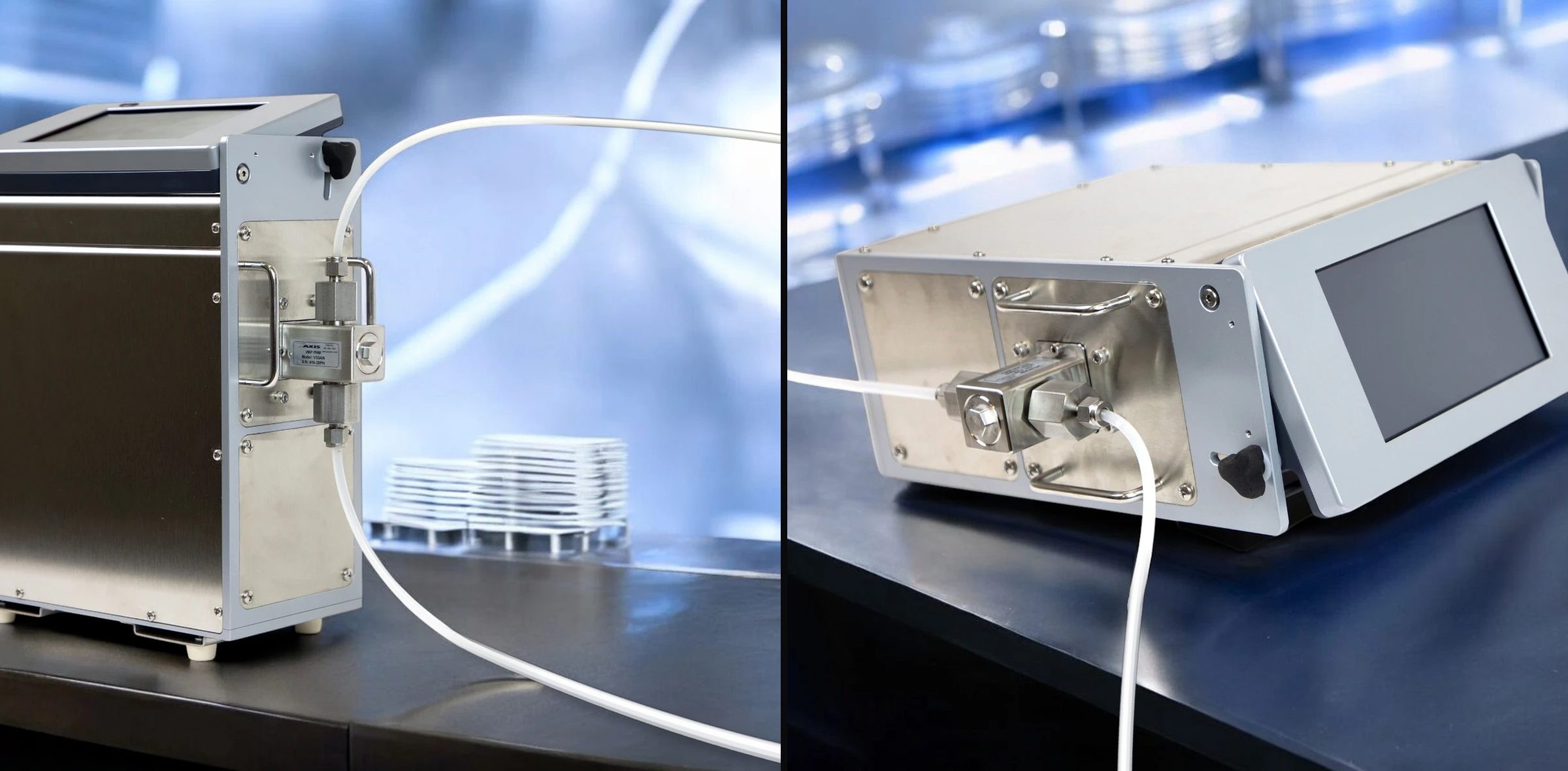 eVmP1 benchtop enclosure side and three-quarter views on a biotech laboratory bench