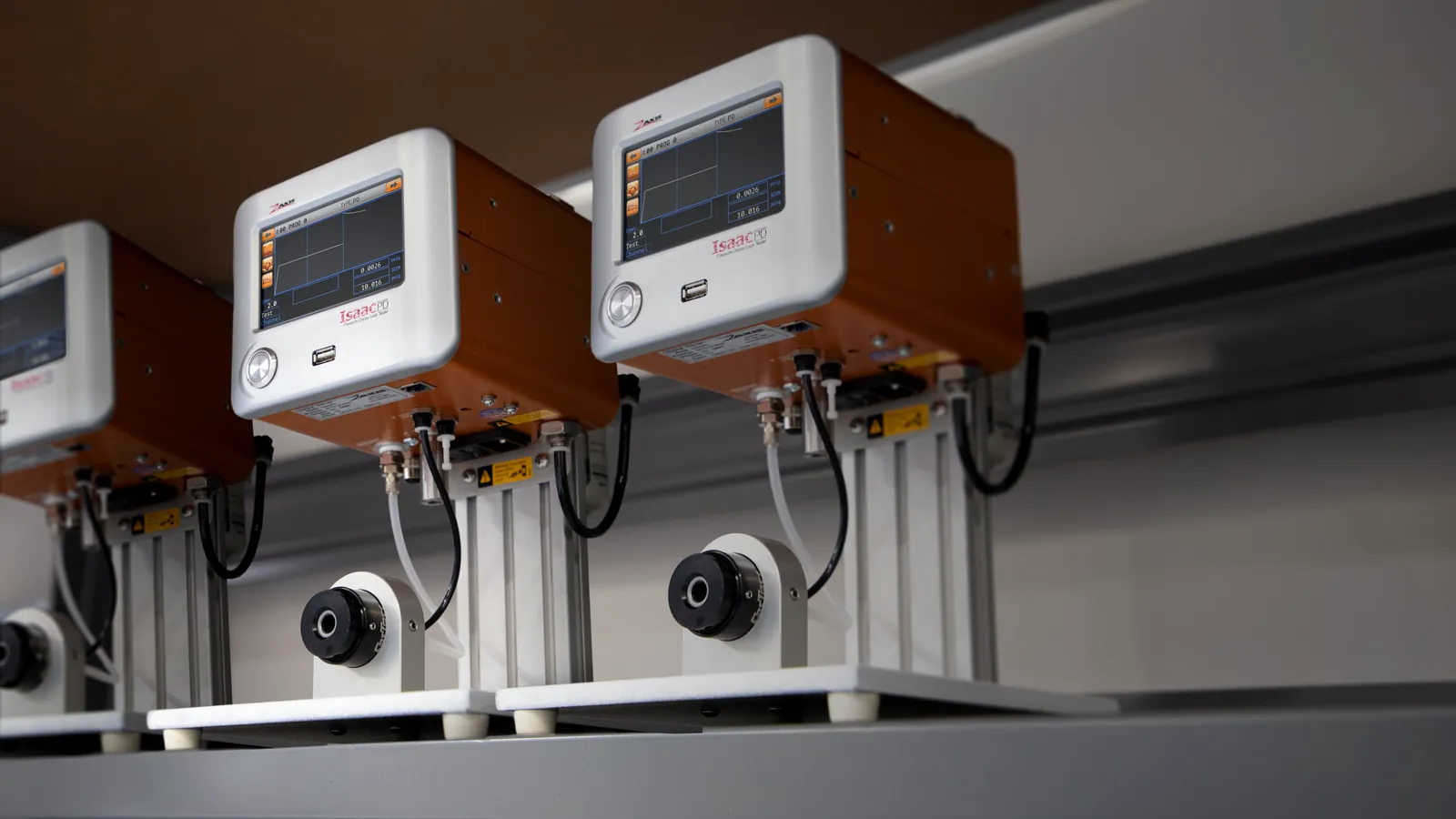Zaxis PD air leak testers mounted on a production test stand