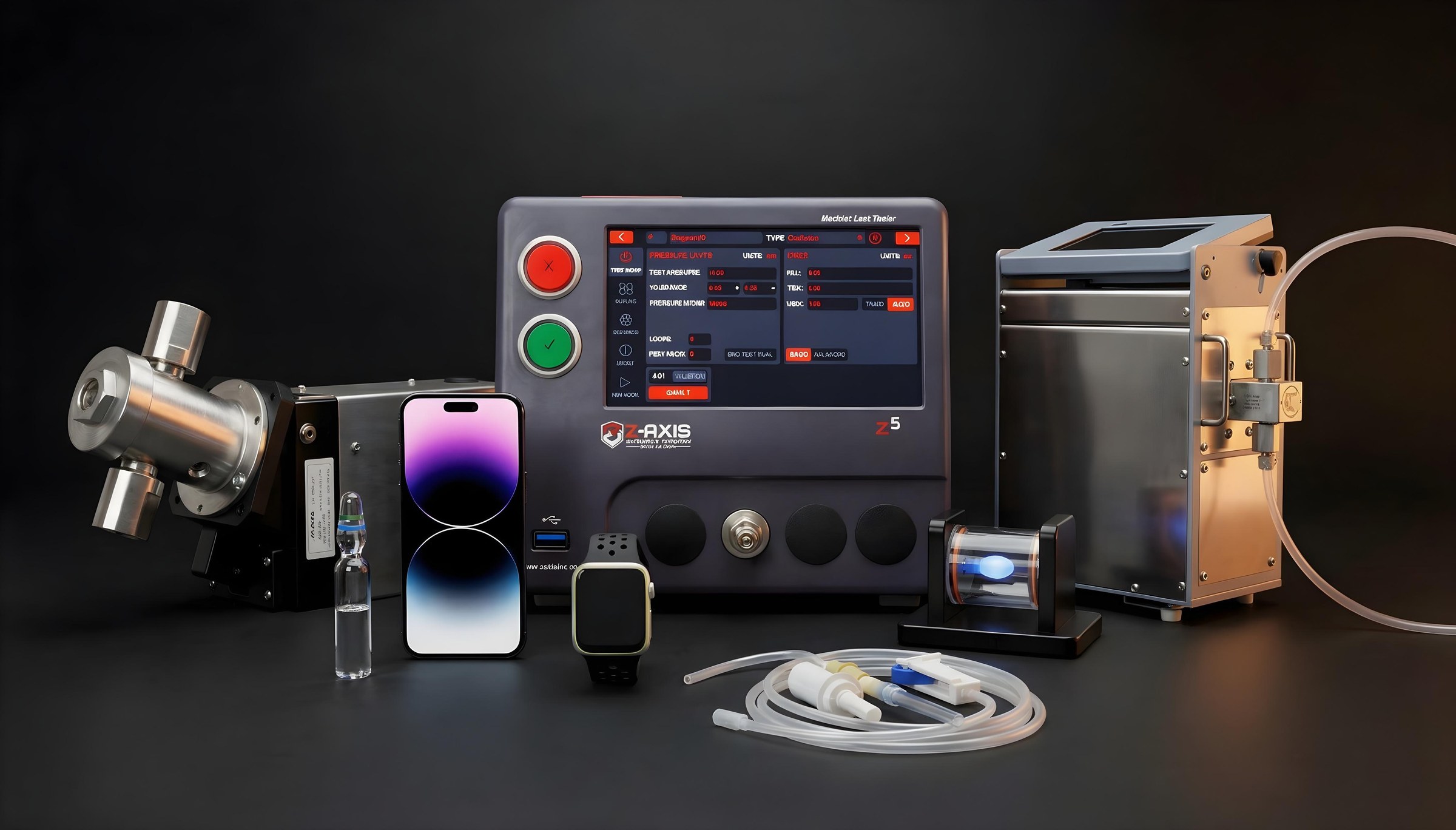 Zaxis Z5 leak tester with a smartphone, smartwatch and sealed electronic parts