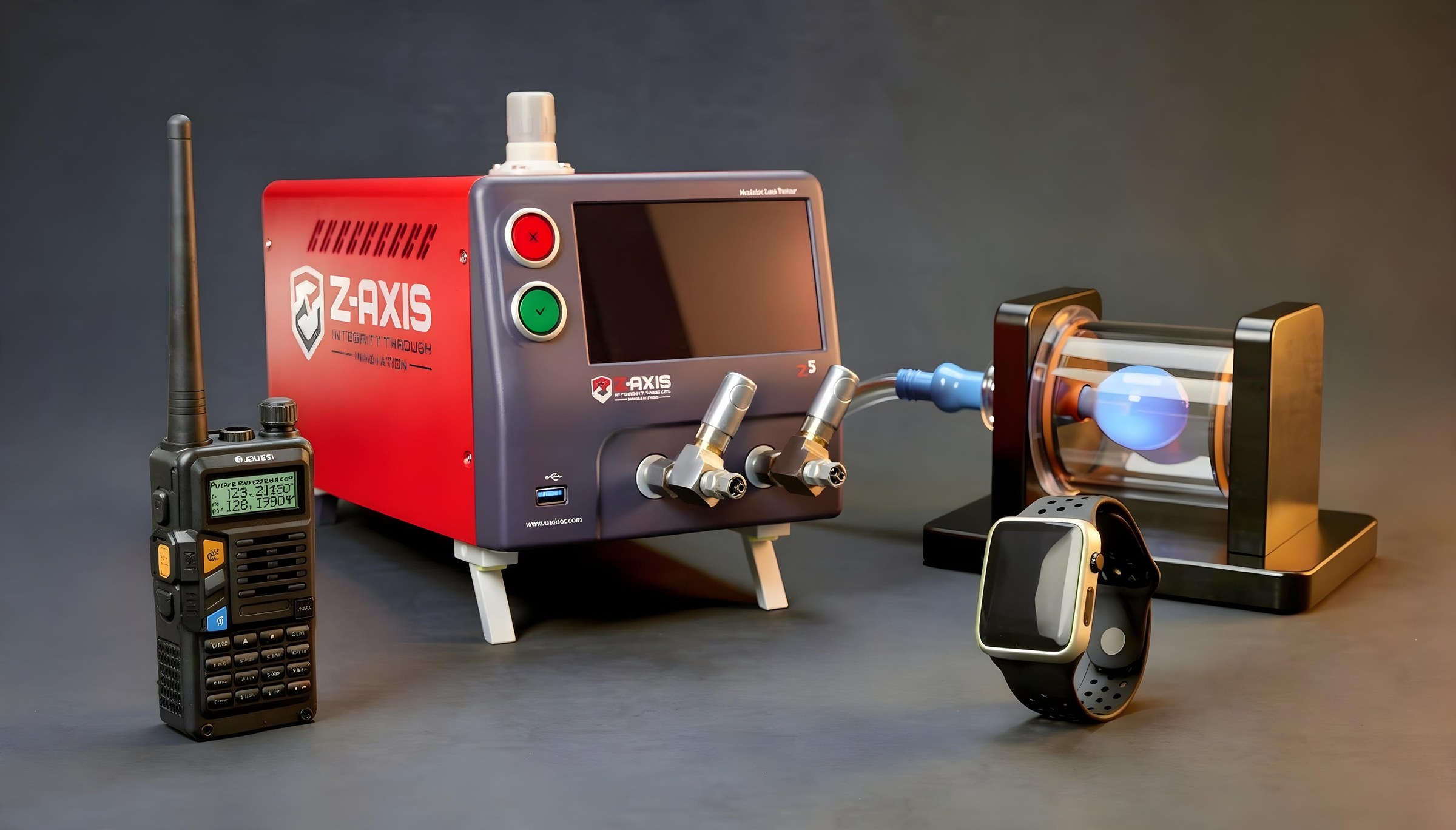 Zaxis tester with a sealed chamber fixture next to a handheld radio and smartwatch