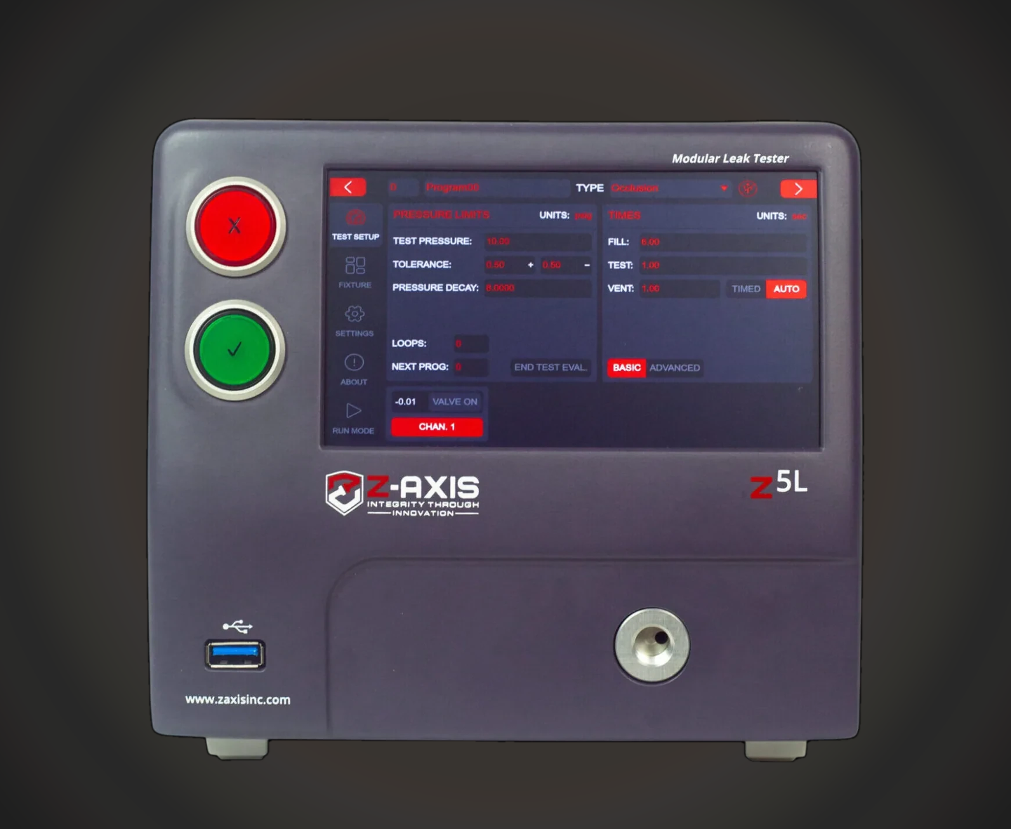 Front screen view of the Zaxis Z5L air leak tester on a dark studio stage