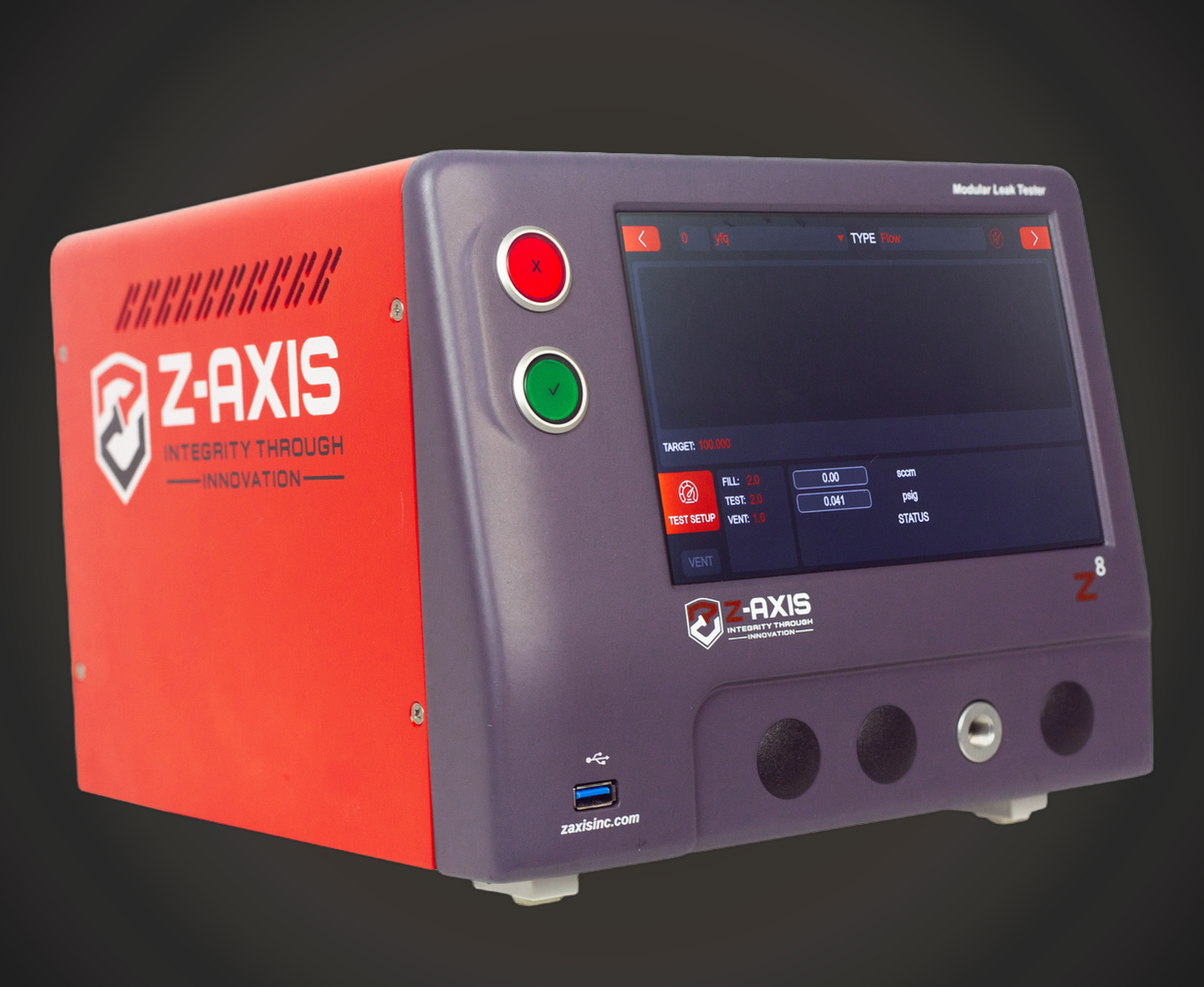 Zaxis Z8 air leak tester showing a production test screen