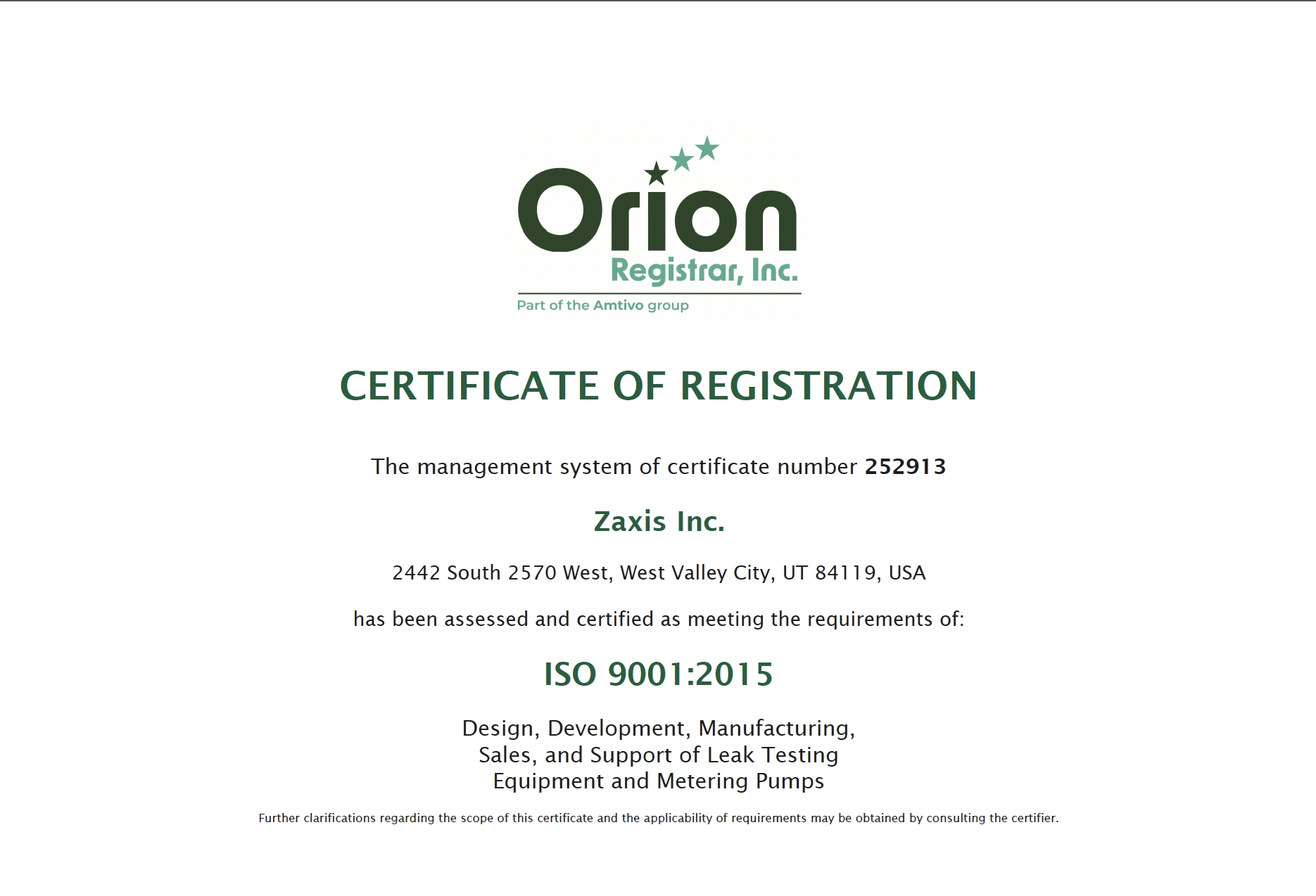 Preview of the Zaxis Inc. ISO 9001:2015 certificate, valid 2024 to 2027